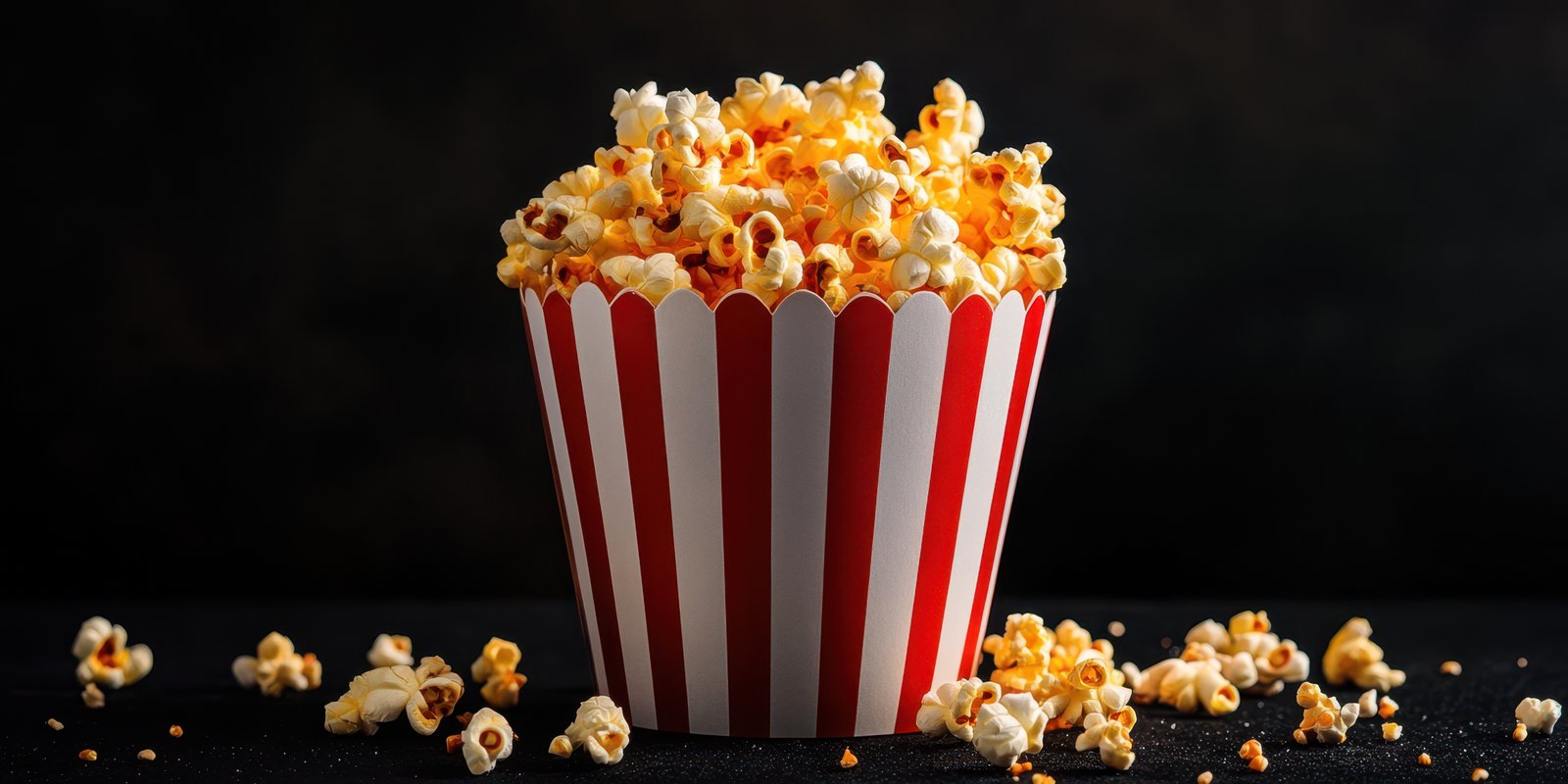 Freshly popped popcorn in a red and white striped container on a dark background with scattered kernels